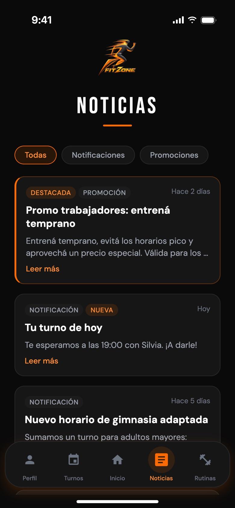 App FitZone: Avisos al instante